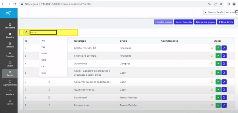 Tela Tarefas com campo busca preenchido "comissao automatica" exibindo sugestões (ana, vue, WMS, wms, cat, rota) e lista de tarefas filtrada