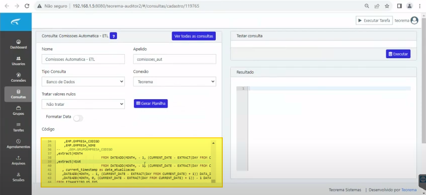 Tela de cadastro da consulta "Comissoes Automatica - ETL" com campos Nome, Apelido "comissoes_aut", Tipo Consulta "Banco de Dados", Conexão "Teorema" e bloco de código SQL parcialmente visível
