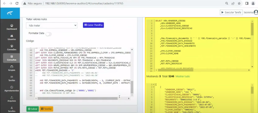 Painel de resultado da consulta ETL mostrando código SQL completo com JOINs entre tabelas de movimento, clientes, fornecedores, grupos de empresa e rotas, com filtro de data para o mês anterior