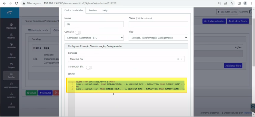 Modal de configuração do detalhe ETL com campos Nome "ETL", Tipo "Extração, Transformação, Carregamento", Conexão "Teorema_dw" e bloco Delete com SQL que remove registros de COMISSOES_MOVTO filtrando por mês e ano anteriores