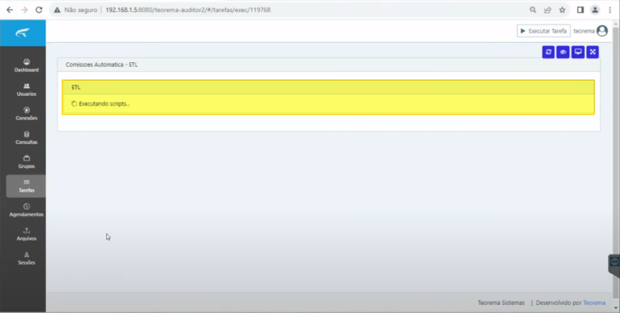 Tela de execução da tarefa "Comissoes Automatica - ETL" com bloco ETL em amarelo exibindo mensagem "Executando scripts..."
