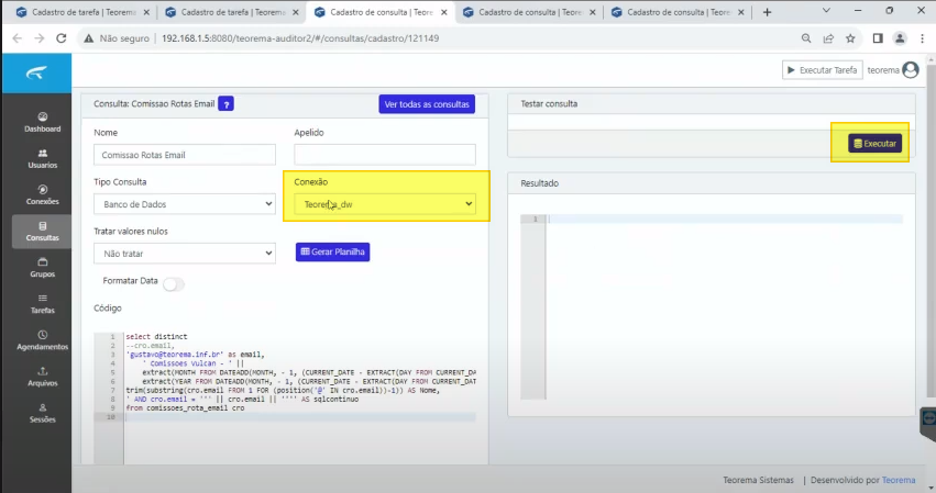Tela de cadastro da consulta "Comissao Rotas Email" com Tipo "Banco de Dados", Conexão "Teorema_dw" destacada em amarelo e código SQL com SELECT DISTINCT cro.email e geração do campo sqlcontinuo a partir da tabela comissoes_rota_email