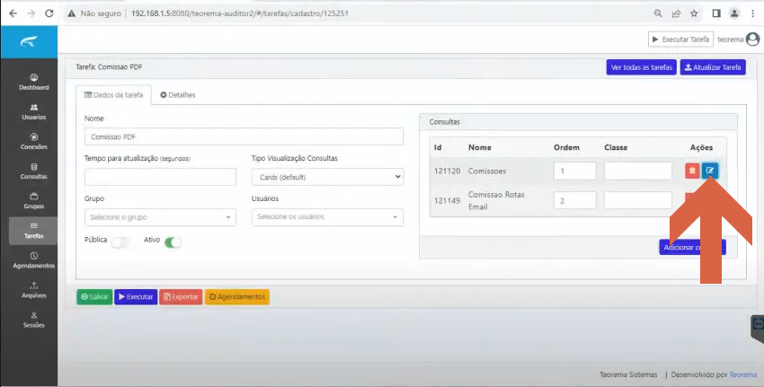 Cadastro da tarefa "Comissao PDF" com seta indicando o botão Editar da consulta ID 121120 (Comissoes)