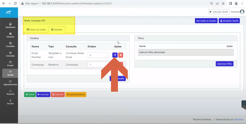 Aba Detalhes da tarefa "Comissao PDF" com tabela de detalhes exibindo linhas "Email Planilha" (Template e-mail / Comissao Rotas Email / ordem 2) e "Comissoes" (Relatório / Comissoes / ordem 1); seta indicando o botão Editar do detalhe Email Planilha