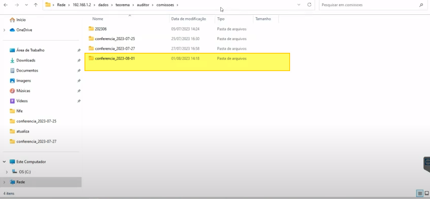 Windows Explorer exibindo pasta de rede \\192.168.1.2\dados\teorema\auditor\comissoes com subpastas: 202306, conferencia_2023-07-25, conferencia_2023-07-27, conferencia_2023-08-01