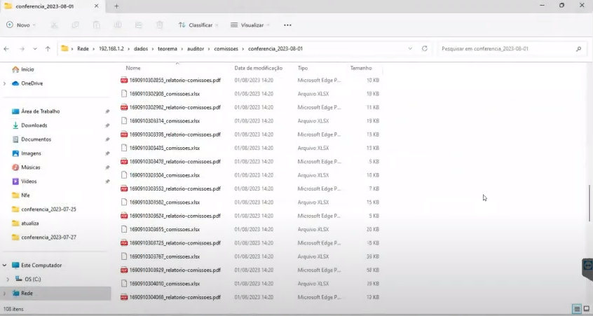 Windows Explorer dentro da pasta conferencia_2023-08-01 exibindo múltiplos arquivos PDF e Excel nomeados por ID de representante (ex.: 1000192983_relatorio-comissoes.pdf, 1000192983_comissoes.xlsx)