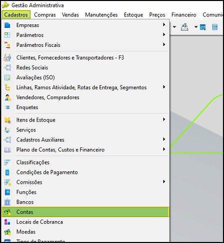 Menu Cadastros expandido com a opção Contas destacada