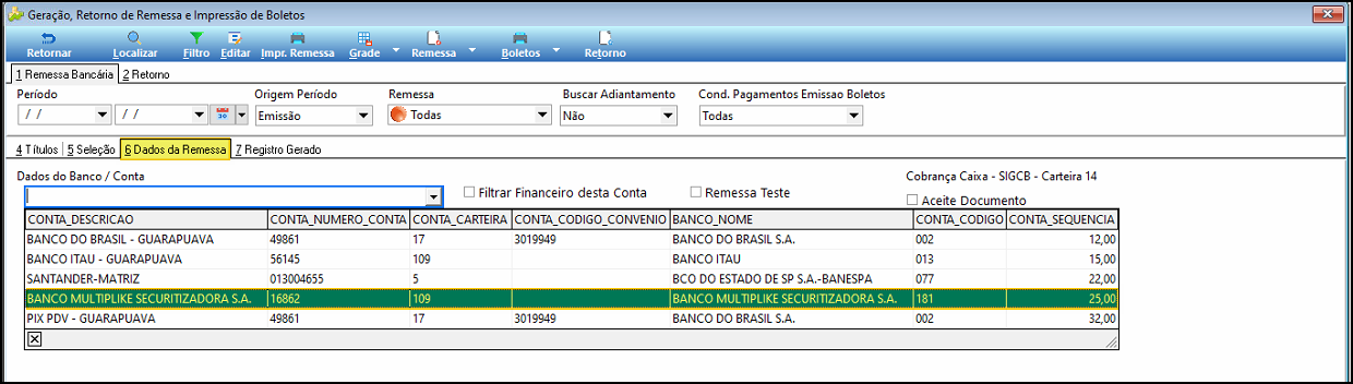 Tela Geração, Retorno de Remessa e Impressão de Boletos, aba 6 Dados da Remessa, com a linha BANCO MULTIPLIKE SECURITIZADORA S.A. selecionada na tabela de contas