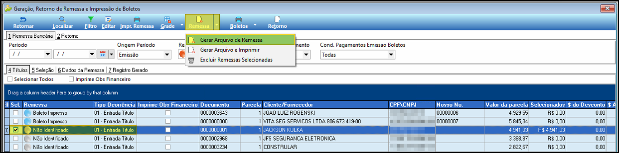 Tela de remessas com menu Remessa expandido e opção Gerar Arquivo de Remessa destacada