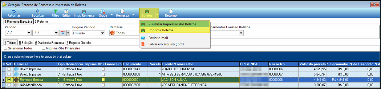 Tela de remessas com menu Boletos expandido e opção Imprimir Boletos destacada, título com status Remessa Gerada selecionado