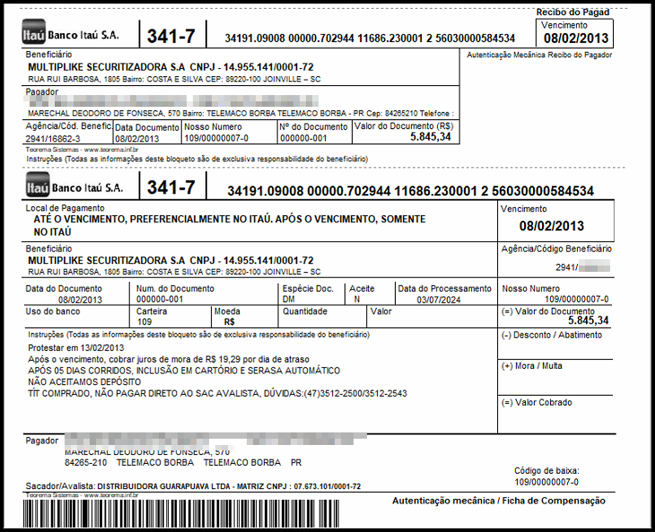 Boleto bancário Itaú (341-7) homologado, com campos de beneficiário, cedente, data de vencimento, valor do documento e código de barras visíveis