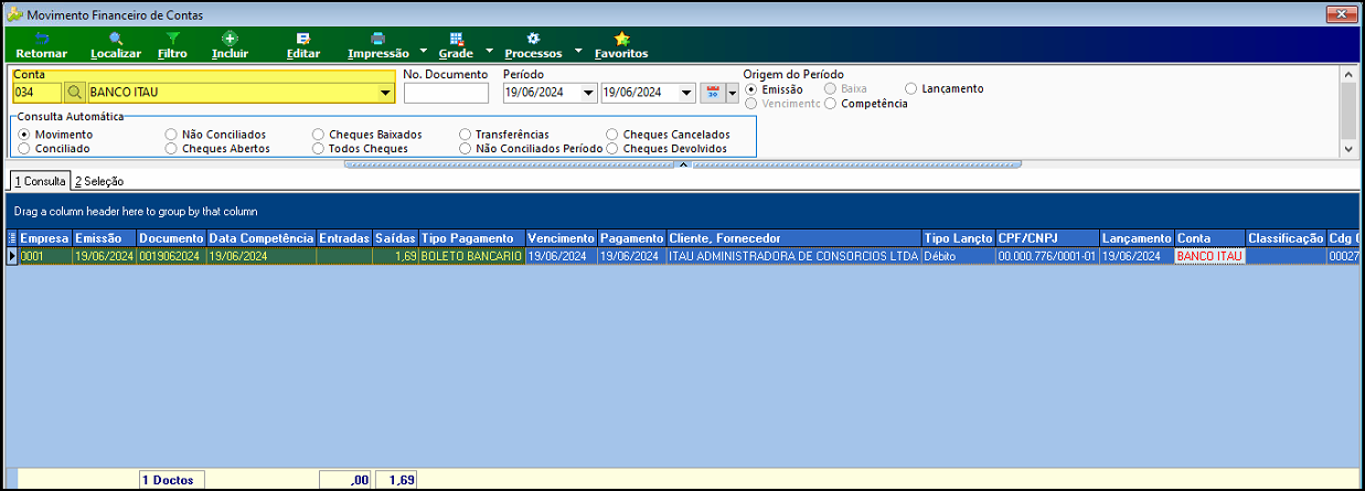 Tela Movimento Financeiro de Contas com Conta 034 BANCO ITAU, período 19/06/2024, exibindo 1 registro: Empresa 0001, Emissão 19/06/2024, Documento 0019062024, Data Competência 19/06/2024, Saída 1,69, Tipo Pagamento BOLETO BANCARIO, Cliente/Fornecedor ITAU ADMINISTRADORA DE CONSÓRCIOS LTDA, Tipo Lançamento Débito, CPF/CNPJ 00.000.776/0001-01, Conta BANCO ITAU