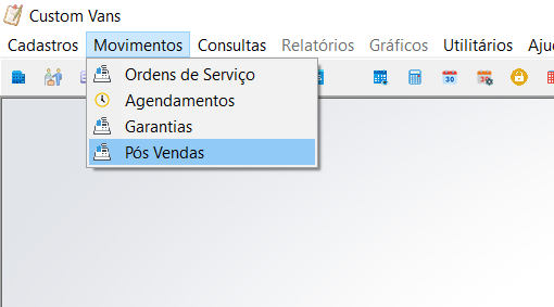 Menu Movimentos expandido no sistema Custom Vans, com as opções Ordens de Serviço, Agendamentos, Garantias e Pós Vendas destacada