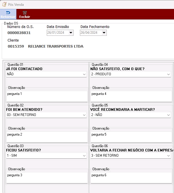Tela Pós Venda exibindo dados da O.S. 0000028831, cliente RELIANCE TRANSPORTES LTDA, e seis questões com respostas e campos de observação: Questão 01 – Já Foi Contactado (NÃO), Questão 02 – Foi Bem Atendido (03 - Sem Retorno), Questão 03 – Ficou Satisfeito (1 - SIM), Questão 04 – Não Satisfeito, Com o Quê (2 - Produto), Questão 05 – Você Recomendaria a Marticar (2 - NÃO), Questão 06 – Voltaria a Fechar Negócio Com a Empresa (3 - Sem Retorno)