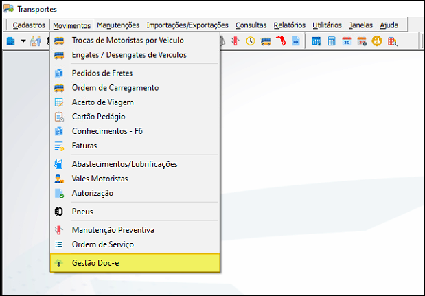 Menu Movimentos do módulo Transportes com opção "Gestão Doc-e" destacada