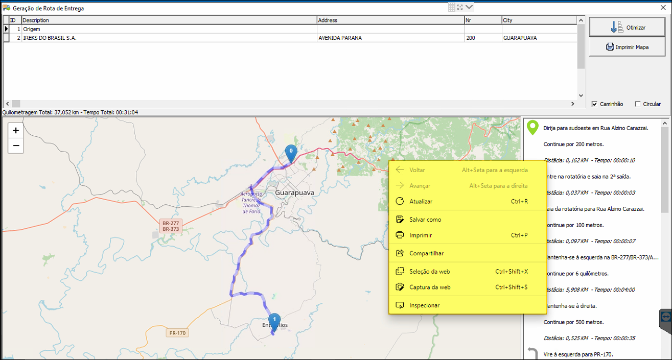 Tela "Geração de Rota de Entrega" com menu de contexto aberto sobre o mapa, exibindo opções: Voltar, Avançar, Atualizar, Salvar como, Imprimir (Ctrl+P), Compartilhar, Seleção da web (Ctrl+Shift+X), Captura da web (Ctrl+Shift+S) e Inspecionar