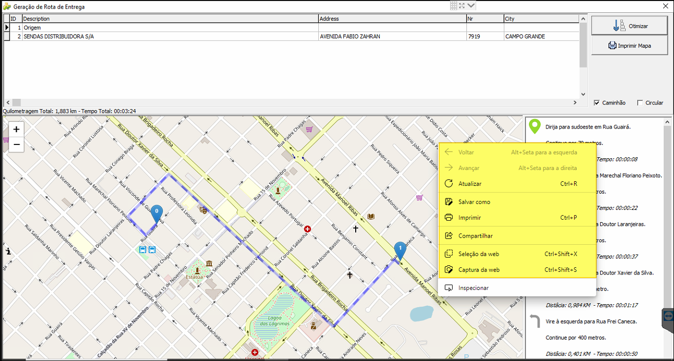 Tela "Geração de Rota de Entrega" com menu de contexto aberto sobre o mapa urbano, exibindo opções de ação sobre a imagem