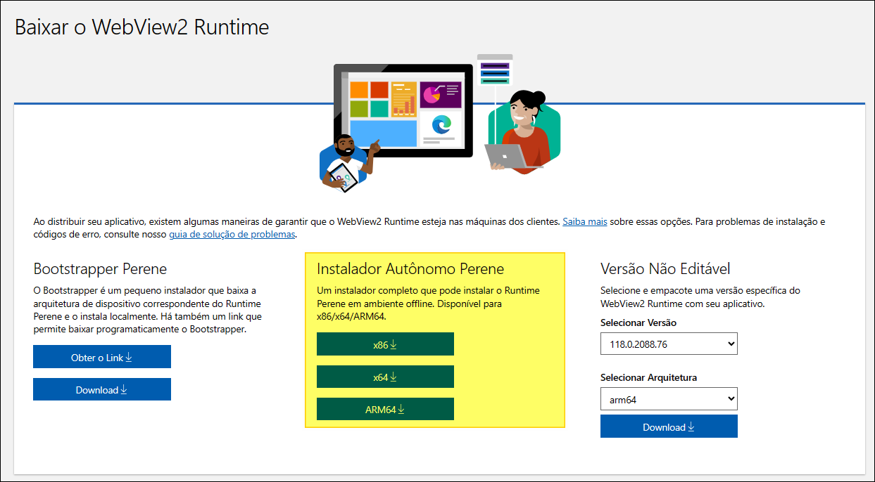 Página "Baixar o WebView2 Runtime" no site Microsoft com seções: Bootstrapper Perene (botões Obter o Link e Download), Instalador Autônomo Perene com downloads para x86, x64 e ARM64, e Versão Não Editável com seletores de versão e arquitetura