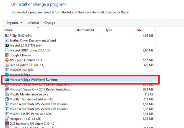 Tela "Uninstall or change a program" do Windows com item "Microsoft Edge WebView2 Runtime" selecionado na lista de programas instalados