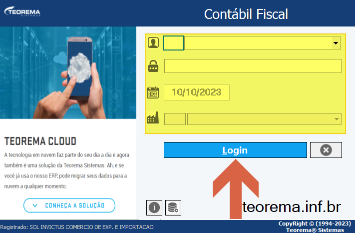 Tela de login do módulo Contábil Fiscal com campos de usuário, senha, data e empresa, e botão Login