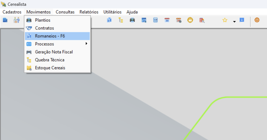 Menu Movimentos expandido no módulo Cerealistas com as opções Plantios, Contratos, Romaneios – F6 (selecionado), Processos, Geração Nota Fiscal, Quebra Técnica e Estoque Cereais