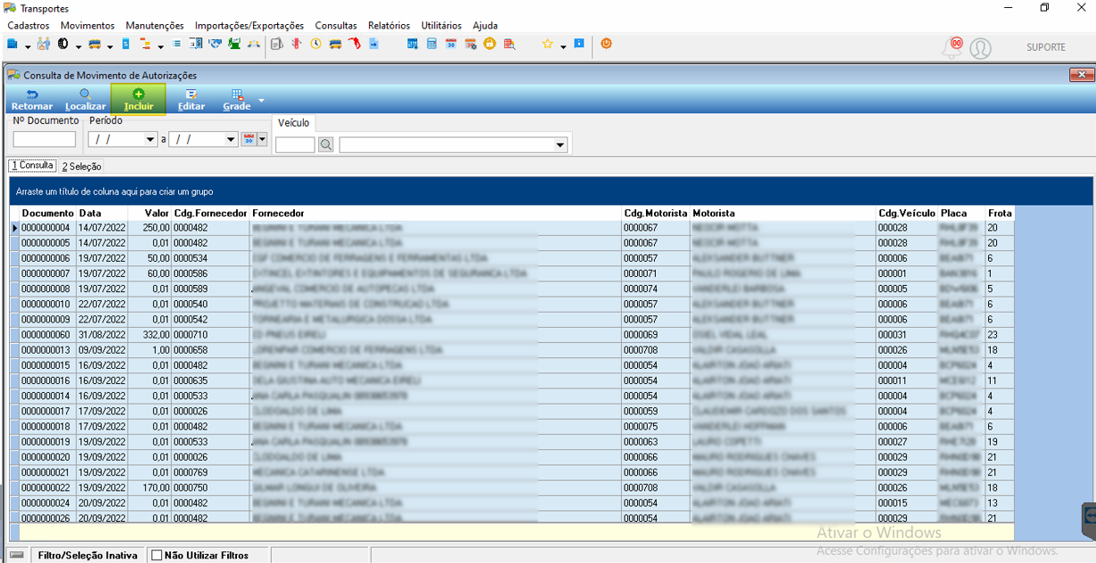Grade de listagem de movimentos de autorização com registros existentes