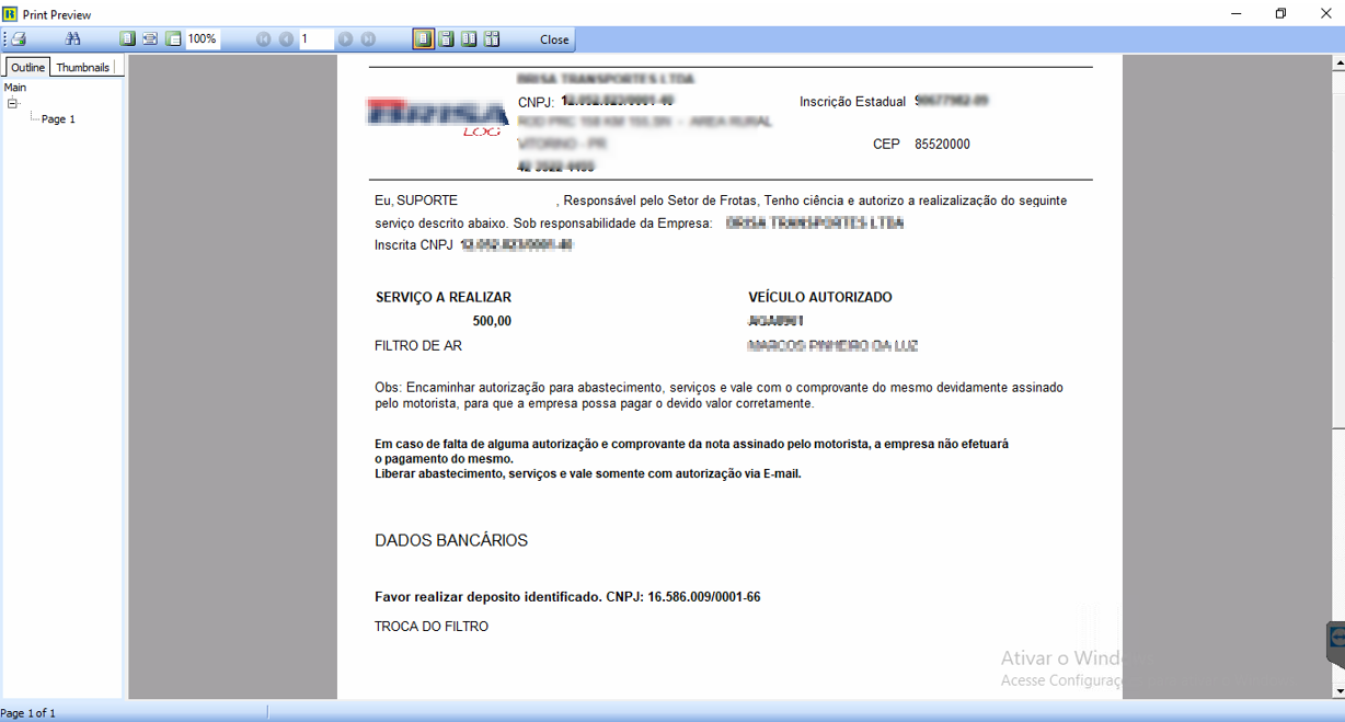 Print Preview do documento de autorização de serviço com dados da empresa, veículo, motorista, valor e dados bancários