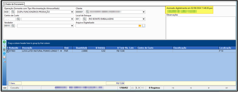 Movimento de Almoxarifado finalizado com campo "Assinado digitalmente em 02/08/2024 11:48:36 por:" preenchido, item LUVA LATEX NATURAL PUNHO LONGO T-M (2 PAR, R$ 13,84) e Local de Estoque RIO BONITO EMBALAGENS
