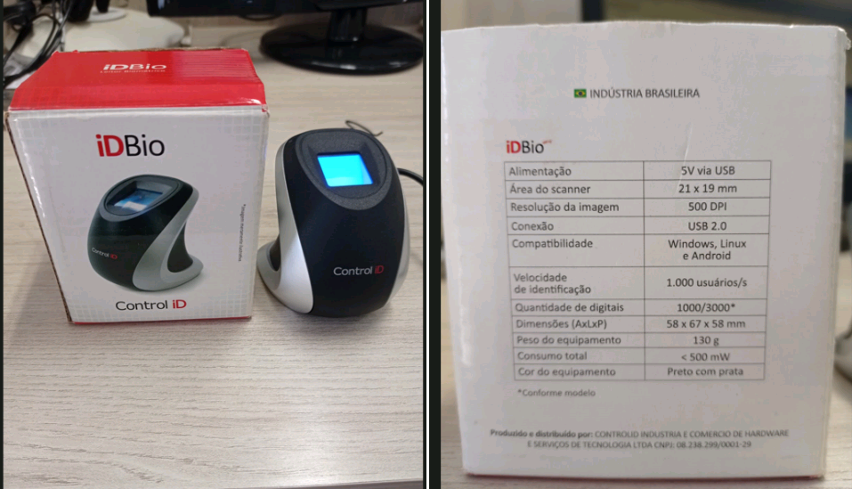 Foto do aparelho leitor biométrico ID Bio Control ID com embalagem ao lado e tabela de especificações técnicas visível na lateral da caixa