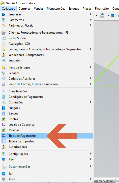Menu Cadastros do Gestão Administrativa com o item Tipos de Pagamento destacado