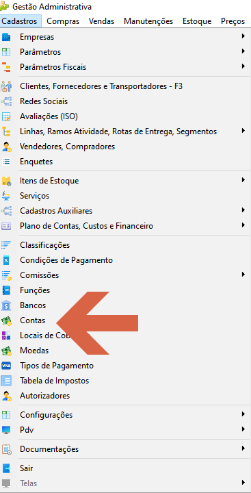 Menu Cadastros do Gestão Administrativa com o item Contas destacado