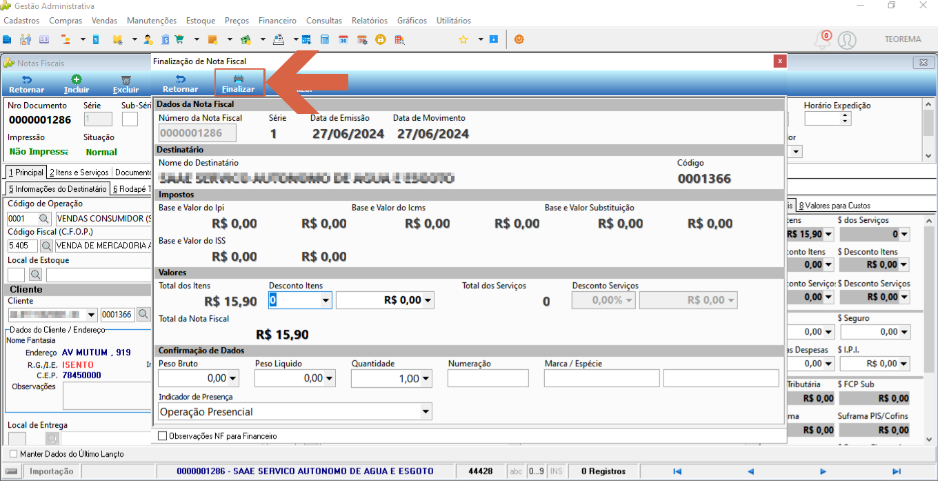 Tela de Finalização da Nota Fiscal com resumo de datas de emissão e vencimento, cliente e valores, botão Finalizar disponível