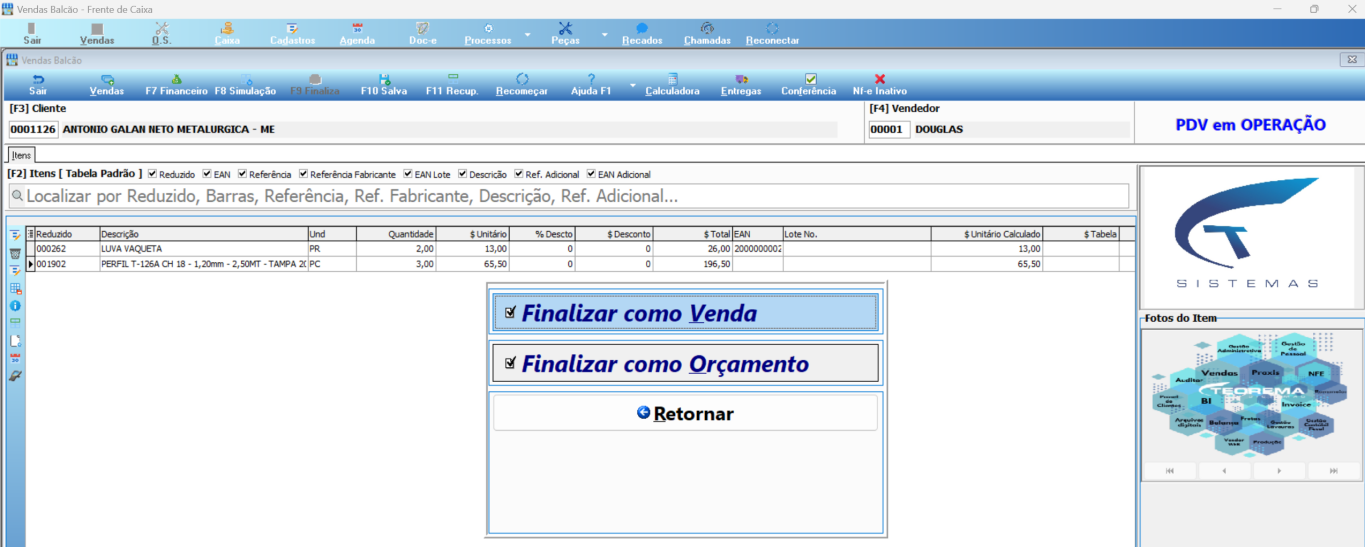 Tela Vendas Balcão com modal de finalização exibindo opções Finalizar como Venda, Finalizar como Orçamento e Retornar, indicador PDV em OPERAÇÃO no canto superior direito