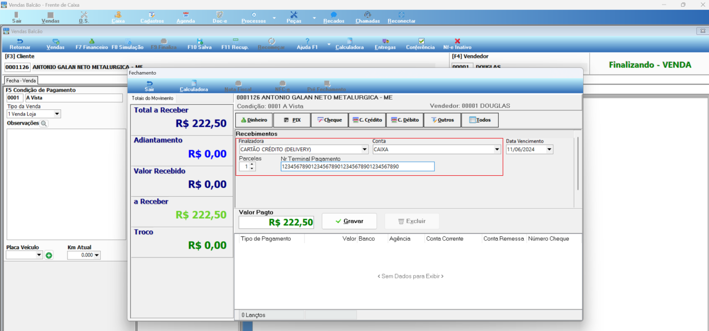 Tela de Fechamento do Vendas Balcão com cliente 0001126 ANTONIO GALAN NETO METALURGICA - ME, Total a Receber R$ 222,50, Finalizadora CARTAO CRÉDITO (DELIVERY), campo Nr Terminal Pagamento preenchido, botão Gravar habilitado