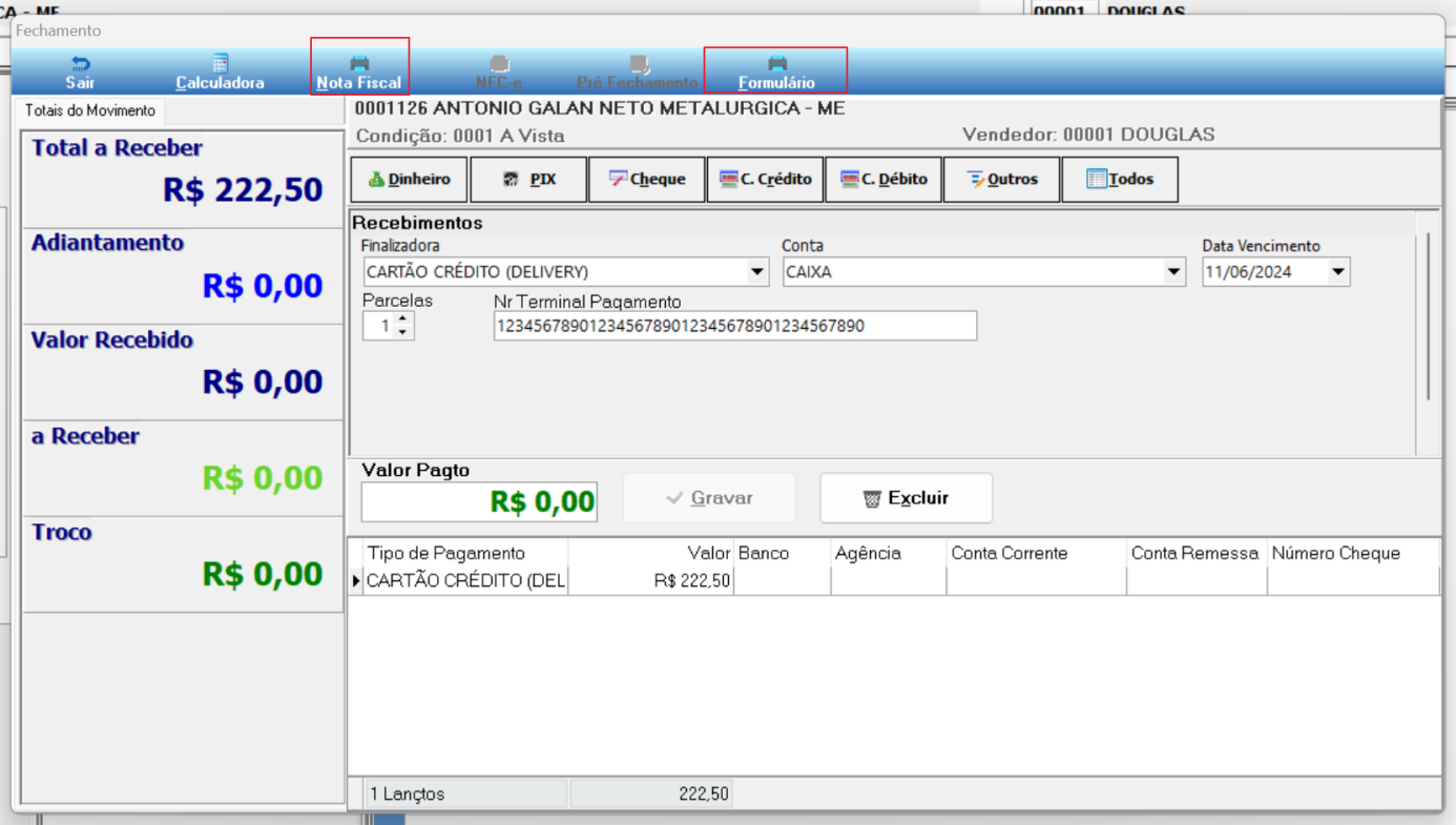 Tela de Fechamento do Vendas Balcão após gravação, exibindo botões Nota Fiscal e Formulário destacados, lançamento de pagamento CARTÃO CRÉDITO (DEL) no valor R$ 222,50 na grade de recebimentos, Total a Receber R$ 222,50 e Valor Pago R$ 0,00