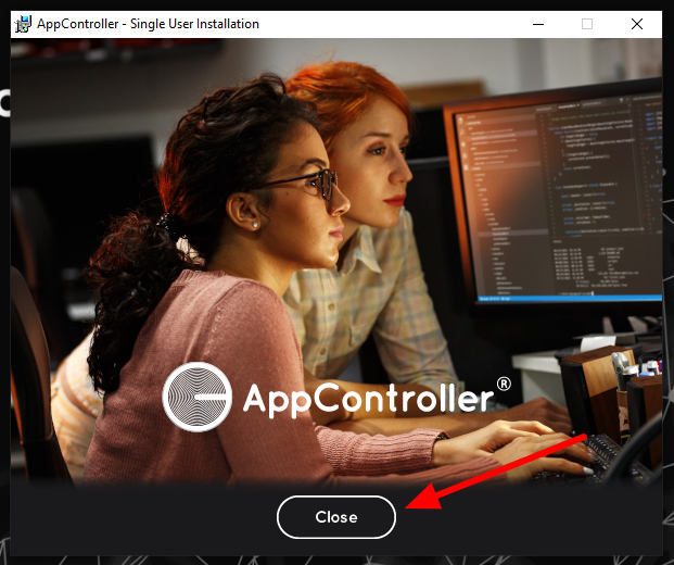 Janela "AppController - Single User Installation" com instalação concluída e botão Close em destaque