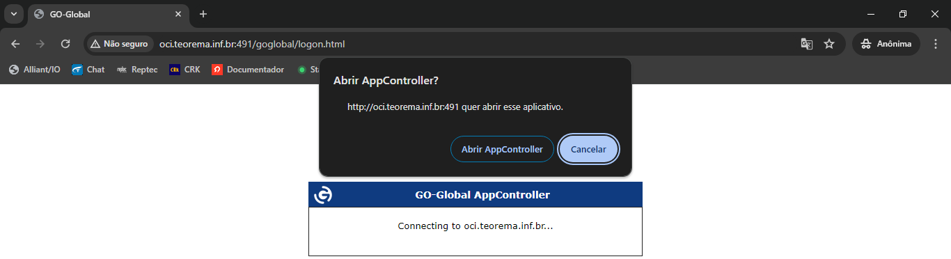 Navegador exibindo a caixa de diálogo "Abrir AppController?" com os botões "Abrir AppController" e "Cancelar", e o painel GO-Global AppController mostrando "Connecting to oci.teorema.inf.br..."