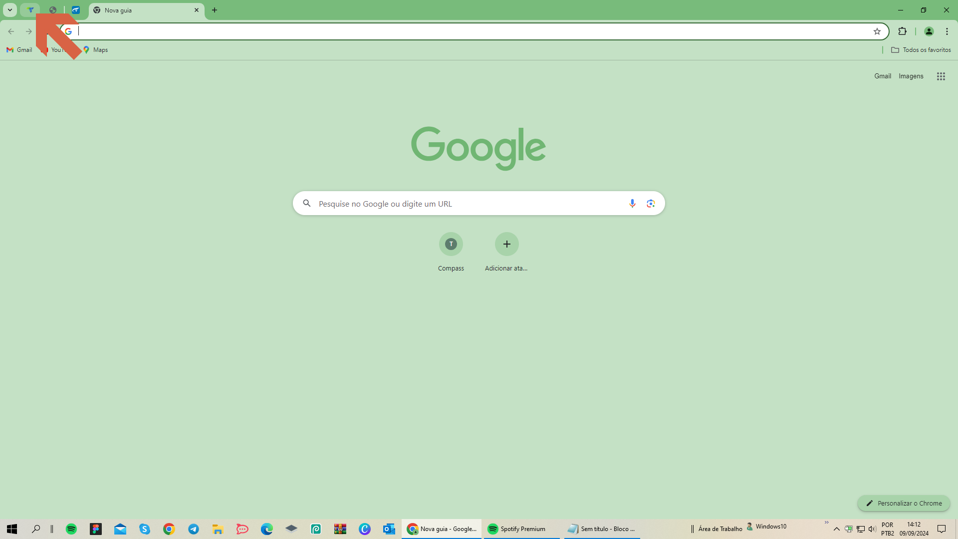 Chrome com barra de favoritos; seta aponta para ícone do chat Teorema
