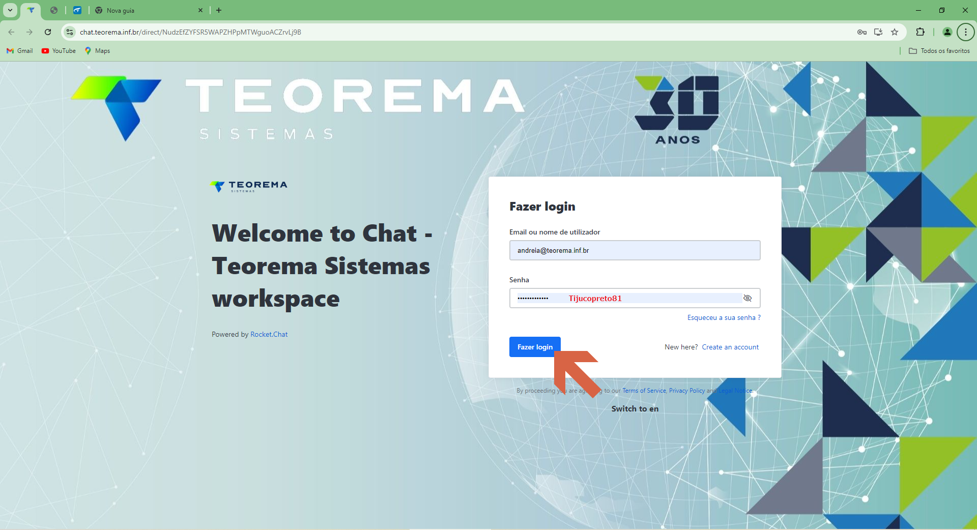 Tela de login do RocketChat com campos E-mail e Senha e botão Fazer login