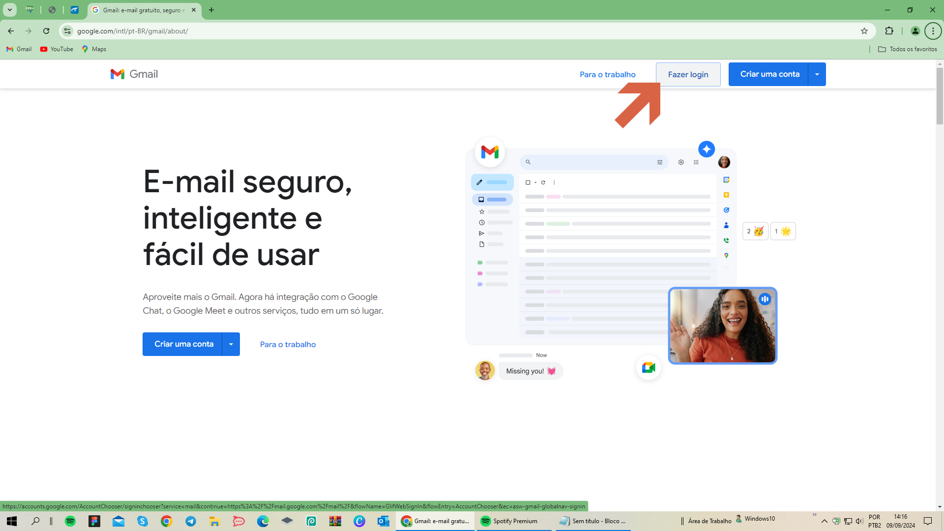 Página inicial do Gmail com botão Fazer login destacado