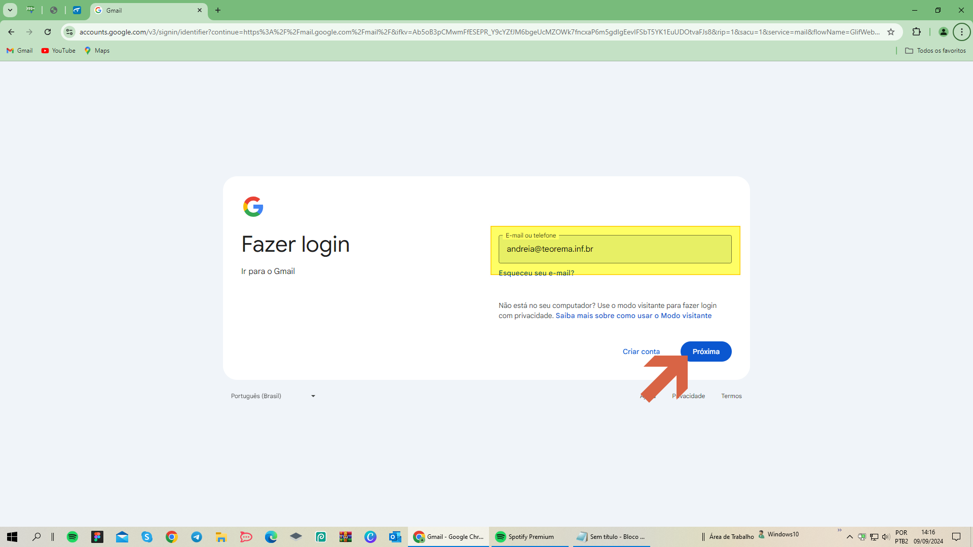 Tela Google de login com campo E-mail ou telefone preenchido e botão Próxima