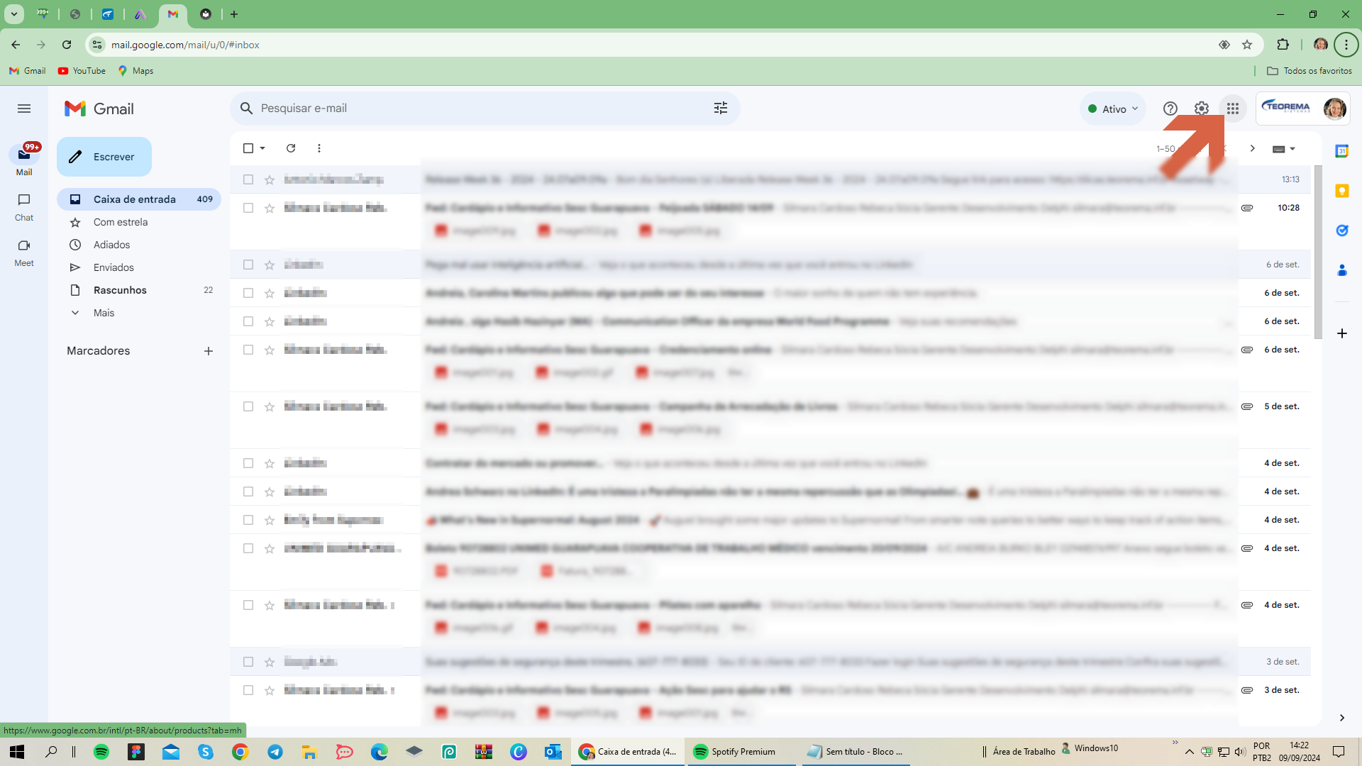 Caixa de entrada do Gmail com ícone Google Apps no canto superior direito