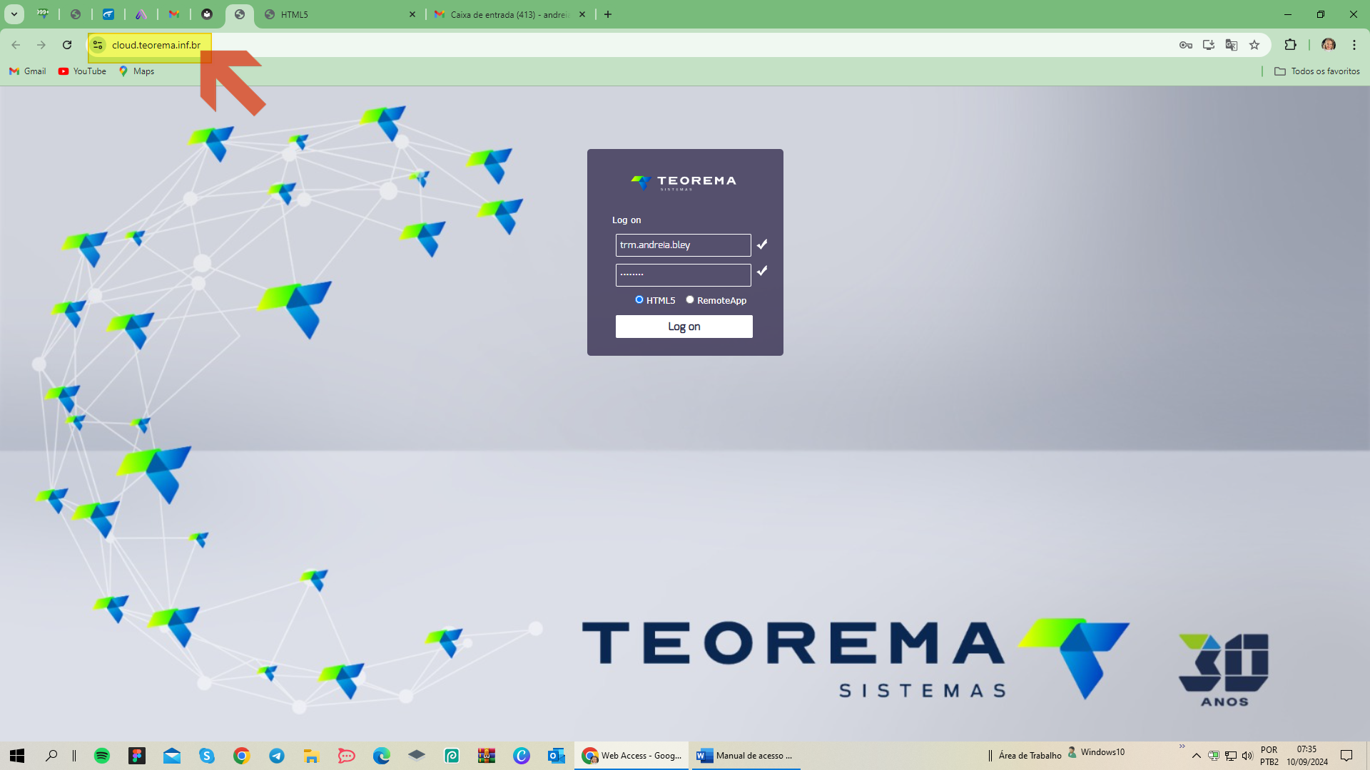 Tela de login do Cloud Teorema com campos Log In e botão Log on