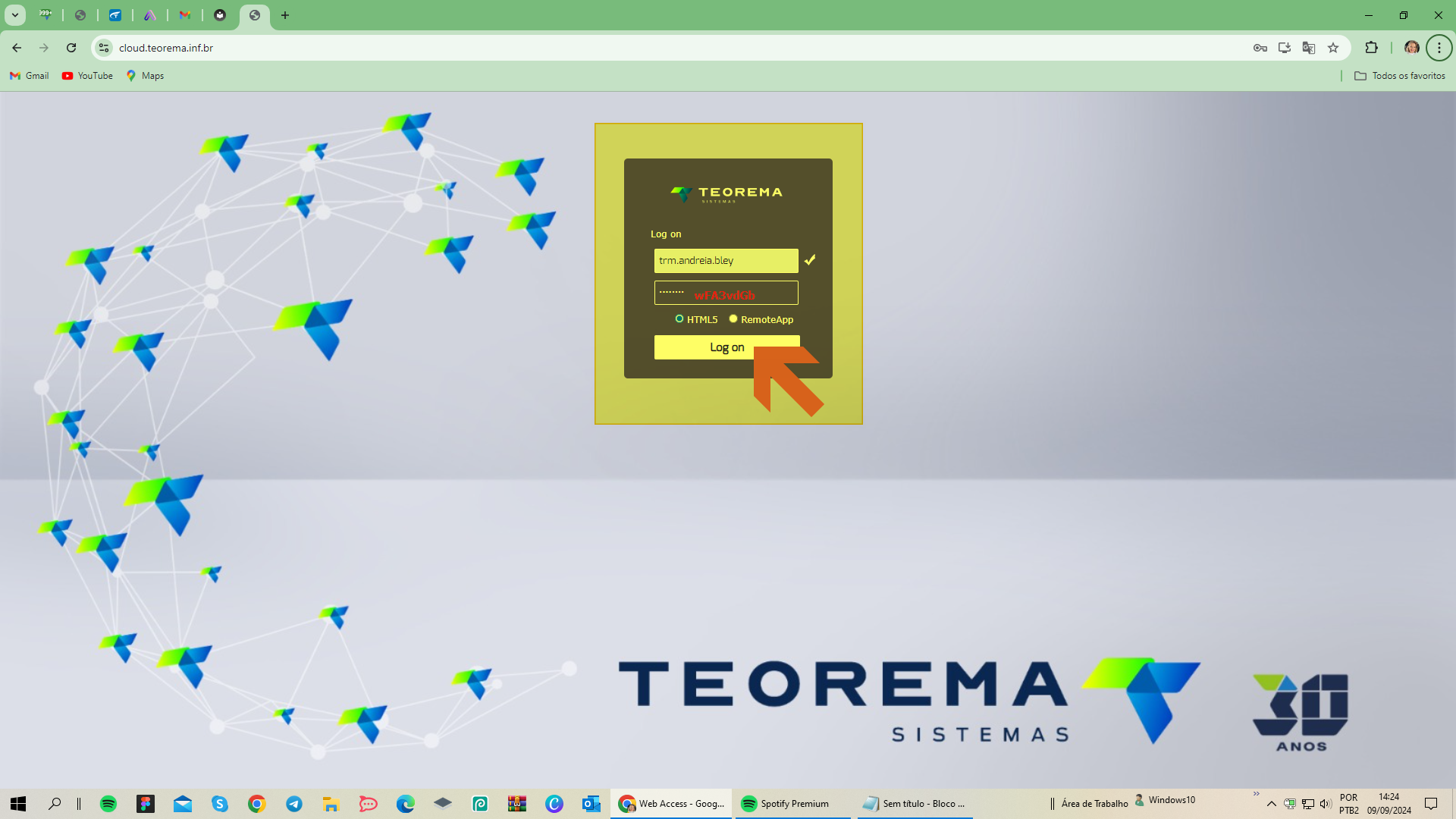 Tela de login do cloud.teorema.inf.br com campos preenchidos e botão Log on destacado