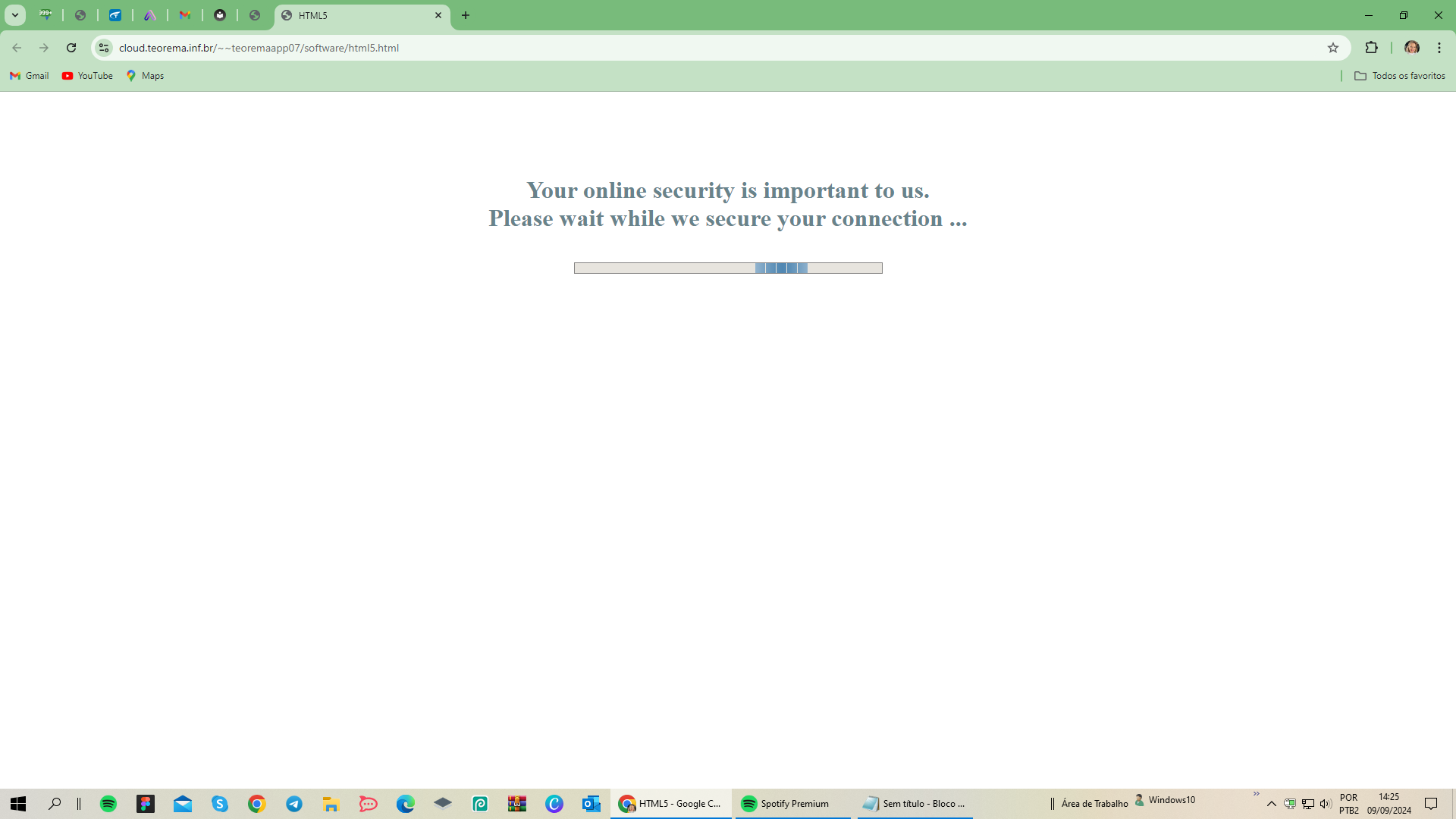 Tela de carregamento com mensagem "Your online security is important to us. Please wait while we secure your connection..."