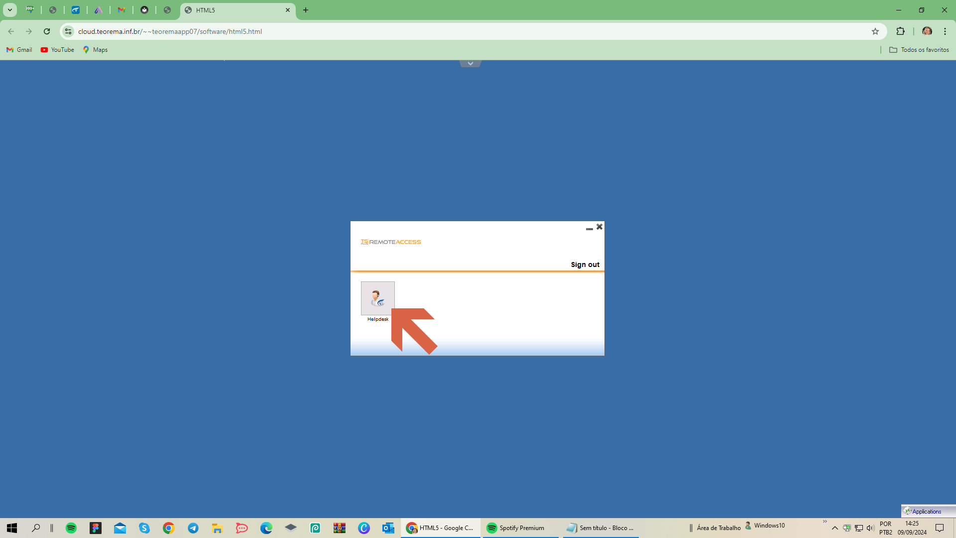 Portal RemoteAccess com ícone Helpdesk e botão Sign out
