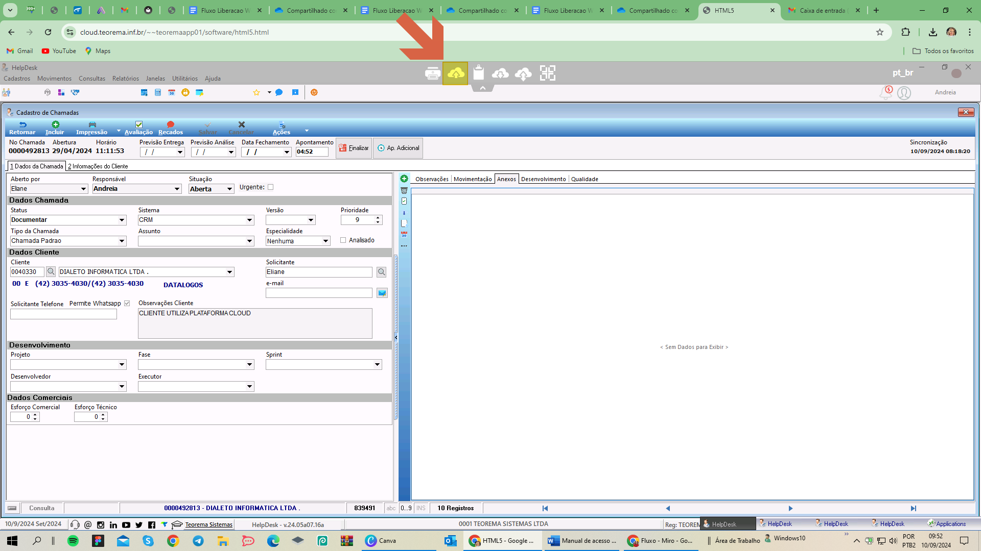 Barra de ferramentas do HelpDesk com ícone de upload (nuvem com seta para cima) destacado