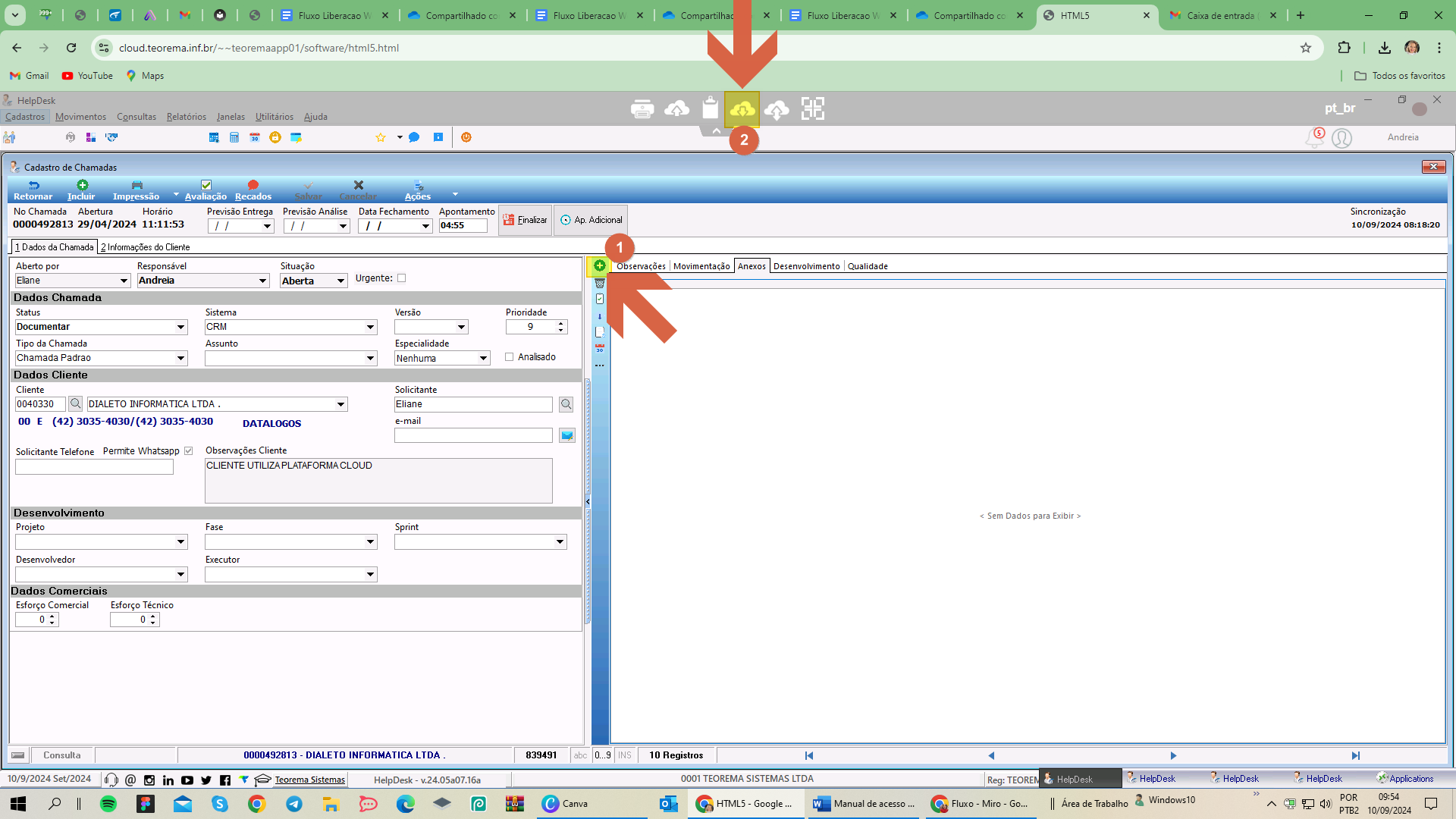 Barra de ferramentas com marcações: (1) aba + para nova entrada e (2) ícone nuvem com seta para baixo para download/upload via Cloud