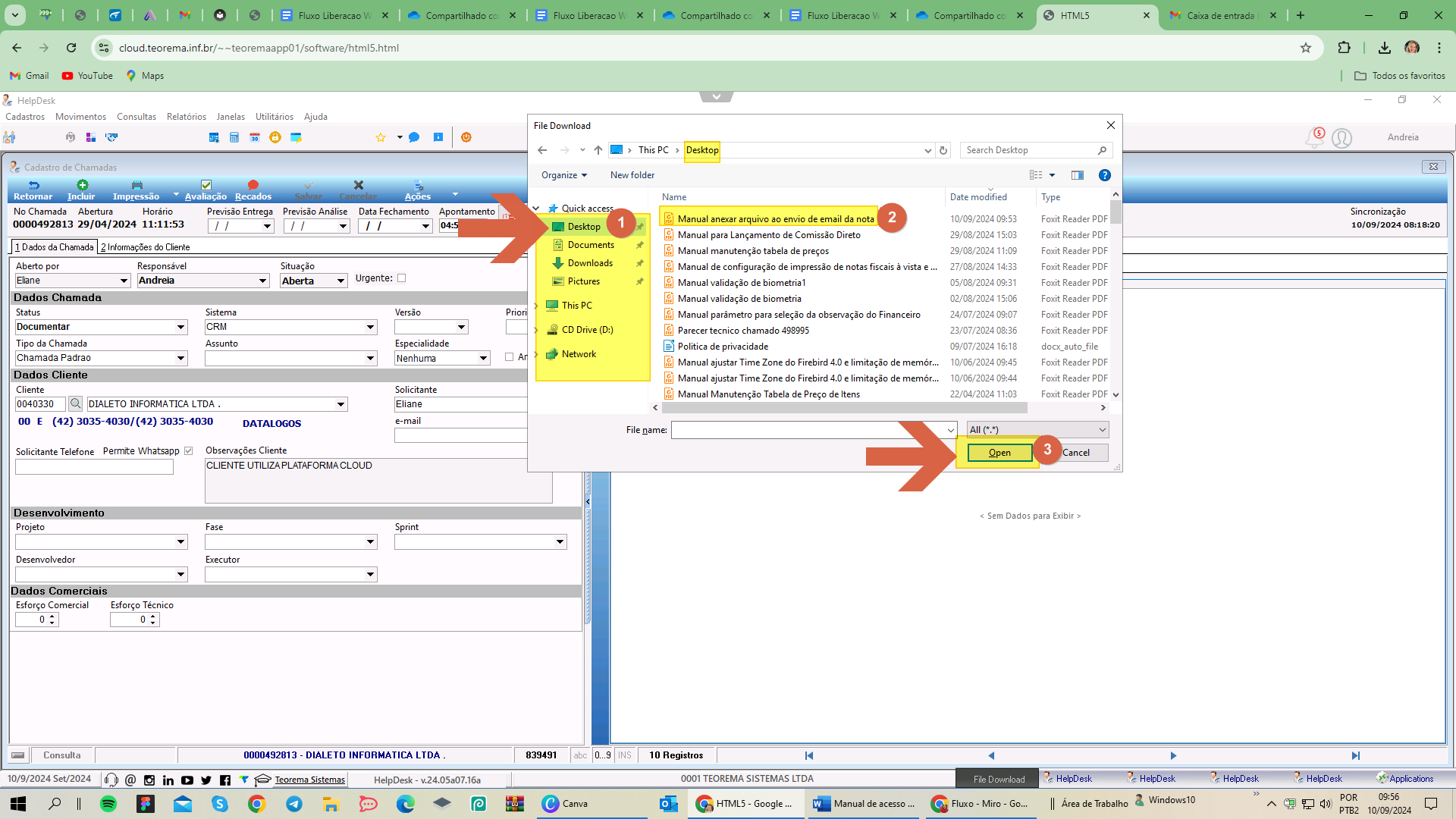 Diálogo File Download com pasta Desktop selecionada, arquivo destacado e botão OPEN
