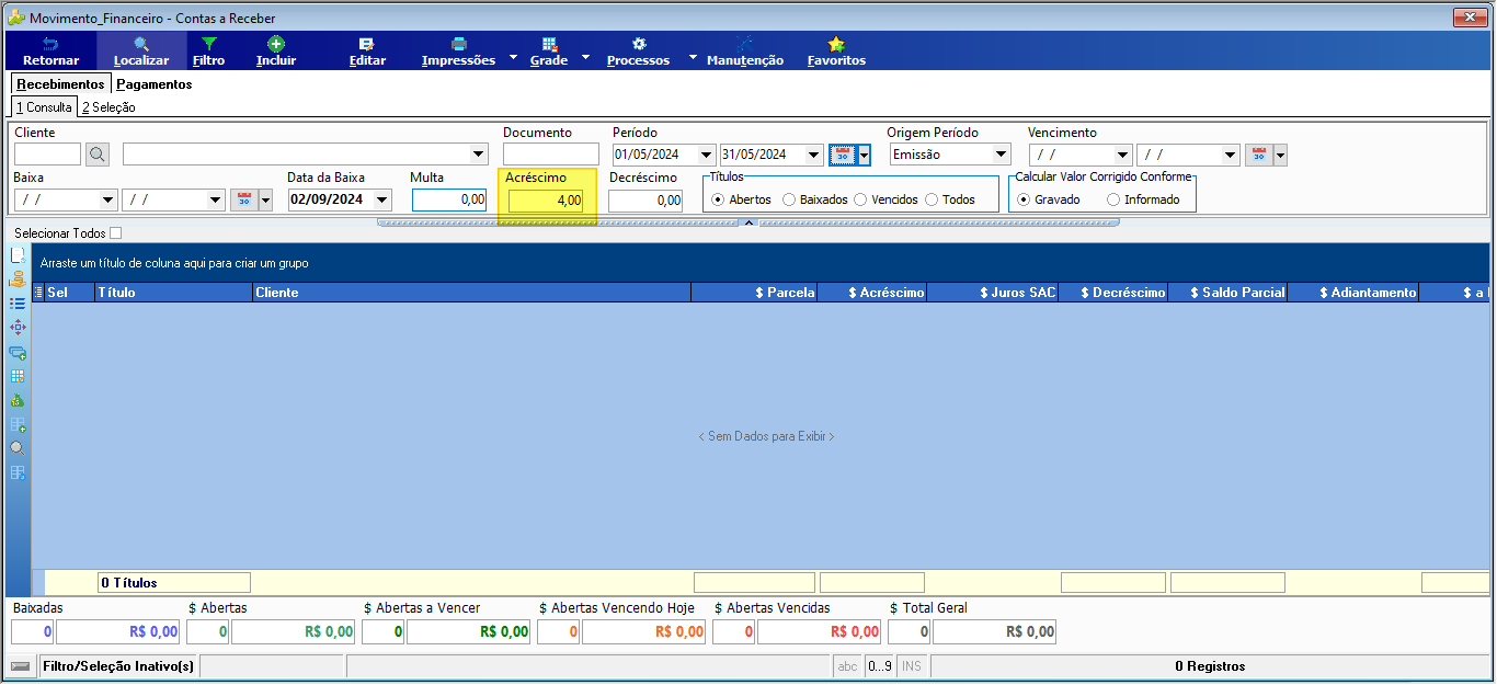Tela Movimento Financeiro – Contas a Receber, aba Recebimentos / 1 Consulta; campo "Acréscimo" com valor 4,00 destacado; colunas da grade: Sel, Título, Cliente, $ Parcela, $ Acréscimo, $ Juros SAC, $ Decréscimo, $ Saldo Parcial, $ Adiantamento; sem registros exibidos